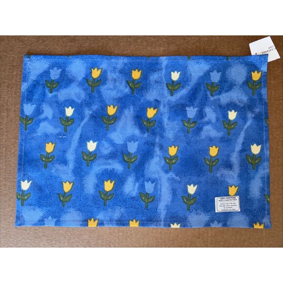 Placemats Blue (10) Tulip Flowers 100% Cotton  India 19” X 13" Unlined New/Tags - Picture 1 of 5